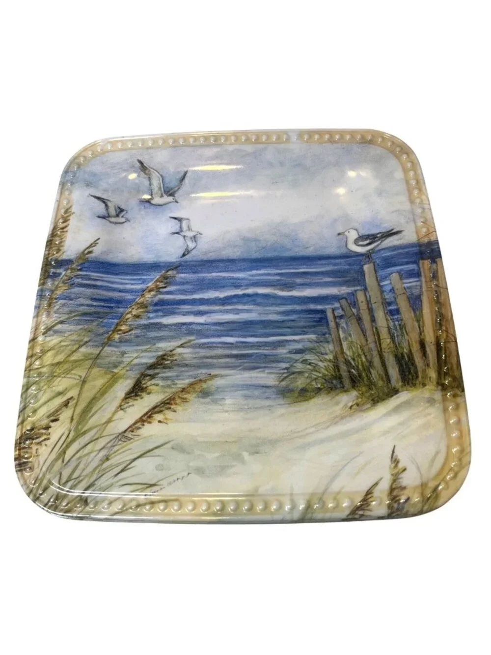 Set Of 10 Keller Charles Melamine Square Plates with Coastal Seagull & Ocean Sce